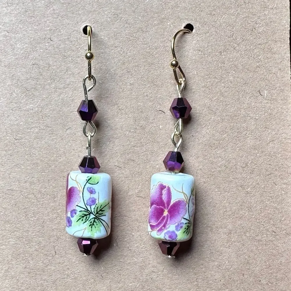 Purple flower earrings handmade ceramic bead